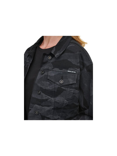 DKNY Womens Black Camouflage Denim Jacket XL