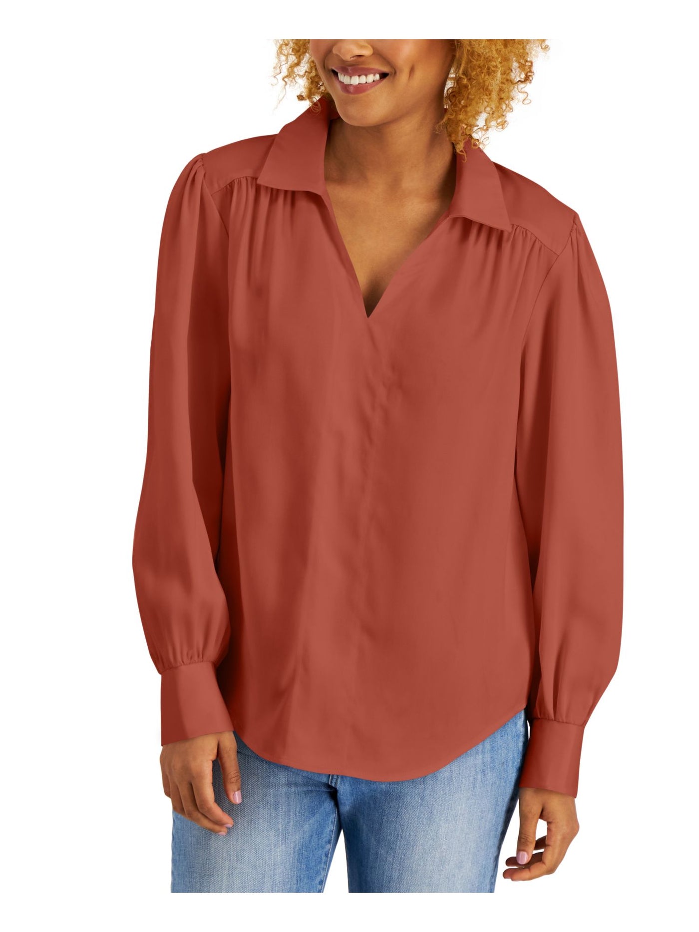 WILLOW DRIVE Womens Orange Pleated Shirred Cuffed Sleeve Point Collar Top XS