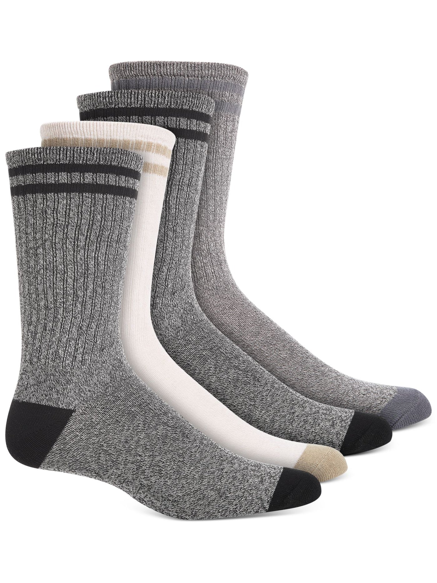 SUN STONE Mens 4 Pack Tan Beige Double Stripe Logo At Ankle Ribbed Casual Crew Socks 7-12