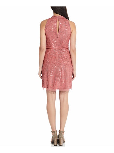 ADRIANNA PAPELL Womens Coral Embellished Beaded Zippered, Sheer Pinstripe Sleeveless Mock Neck Short Party Blouson Dress 8