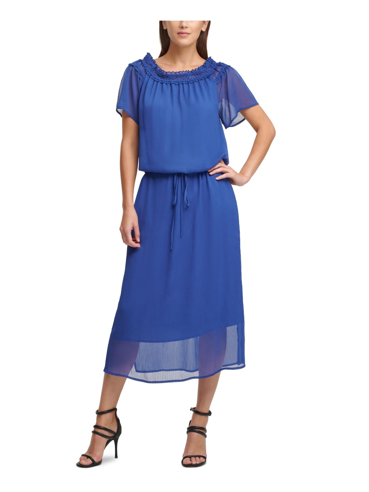 DKNY Womens Blue Sheer Short Sleeve Off Shoulder Maxi Wear To Work Blouson Dress XS