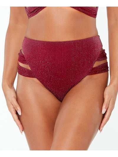 BAR III Women's Burgundy Stretch Lined Full Coverage Strappy Shimmer High Waisted Swimsuit Bottom XS