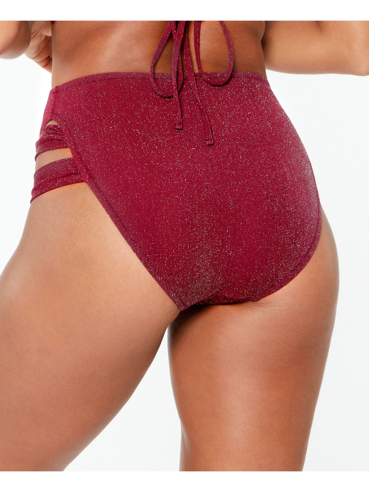 BAR III Women's Burgundy Stretch Lined Full Coverage Strappy Shimmer High Waisted Swimsuit Bottom XS