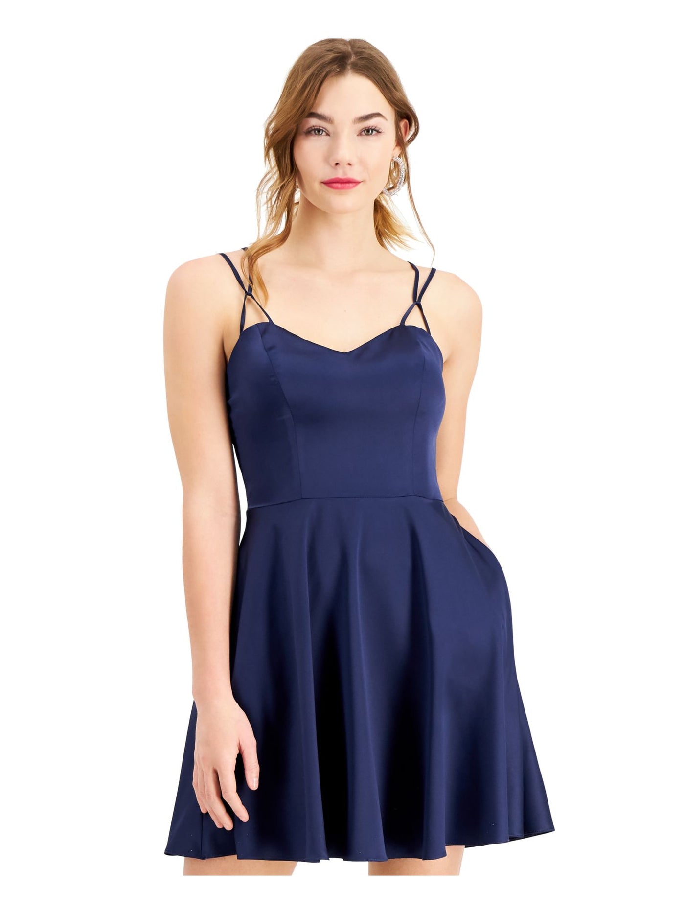 B DARLIN Womens Navy Zippered Pocketed Lined Spaghetti Strap Sweetheart Neckline Short Prom Fit + Flare Dress Juniors 5\6
