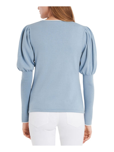 RILEY&RAE Womens Light Blue Stretch Pleated Ribbed Pouf Sleeve Jewel Neck Sweater M