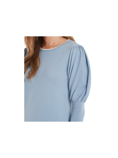 RILEY&RAE Womens Light Blue Stretch Pleated Ribbed Pouf Sleeve Jewel Neck Sweater M