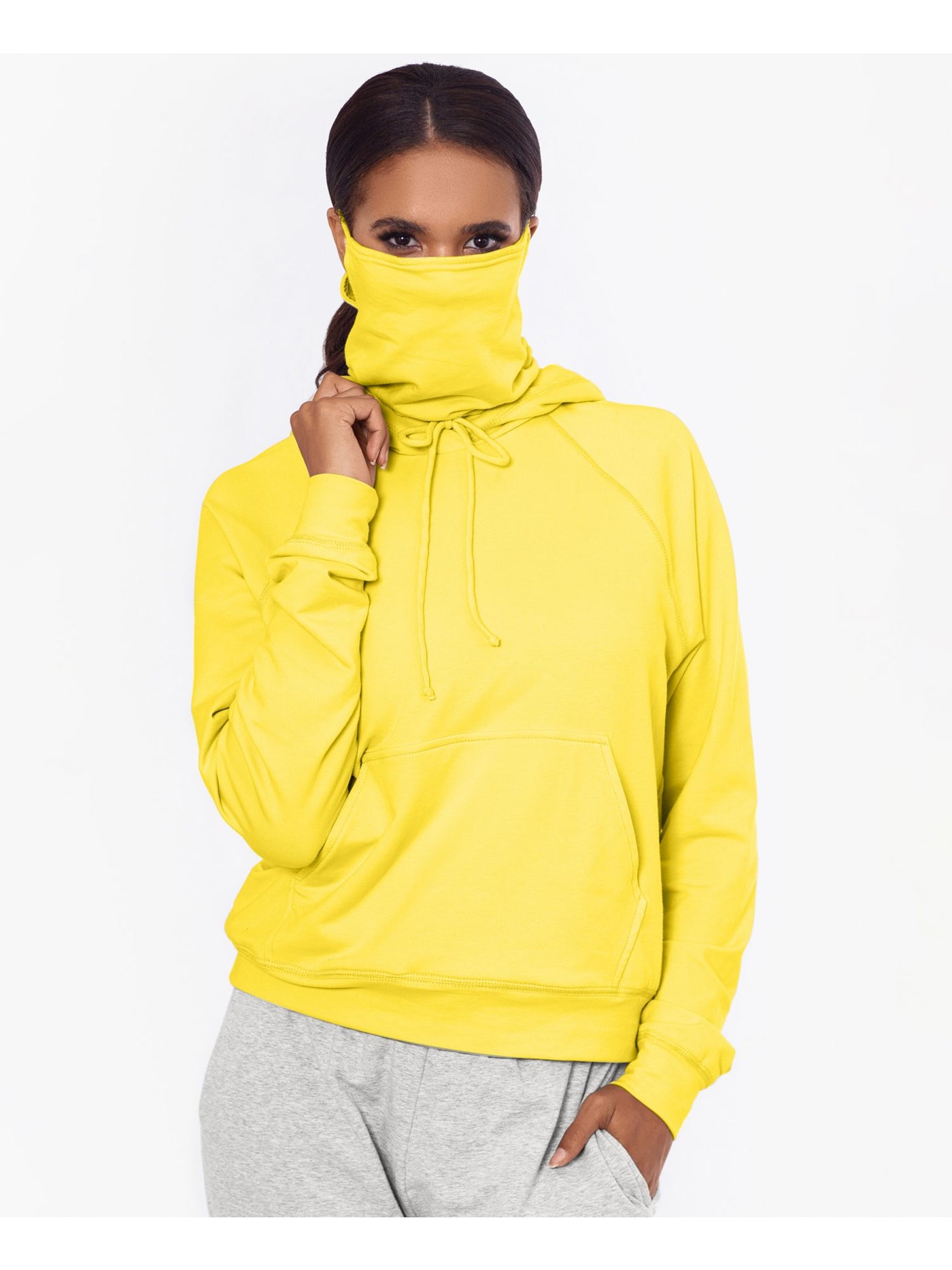 BAM BY BETSY & ADAM Womens Yellow Stretch Tie Pocketed Built-in Mask, Relaxed Fit Long Sleeve Hoodie Top S