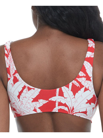 BODY GLOVE Women's Red Tropical Print Snap Front Self-Tie Knot Textured Kate Scoop Neck Swimsuit Top XS