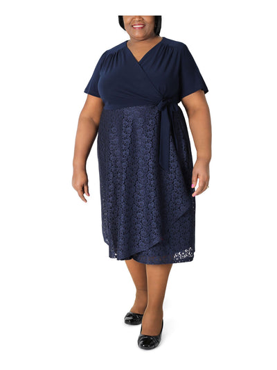 S & CO Womens Navy Tie Jersey-knit Short Sleeve Midi Evening Wrap Dress 2X