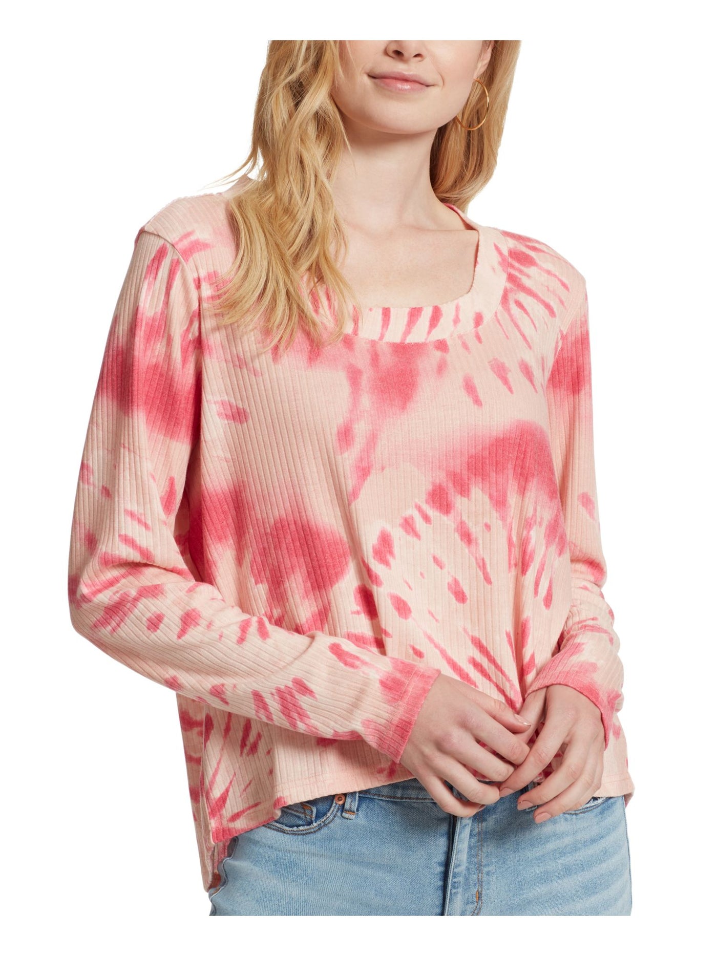 JESSICA SIMPSON Womens Pink Knit Textured Ribbed Printed Long Sleeve Scoop Neck Top Juniors XS