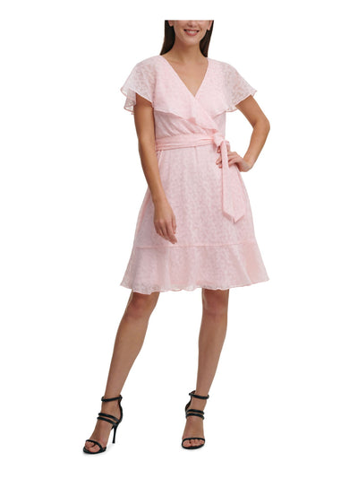 DKNY Womens Pink Ruffled Belted Printed Flutter Sleeve Surplice Neckline Above The Knee Party Faux Wrap Dress 2