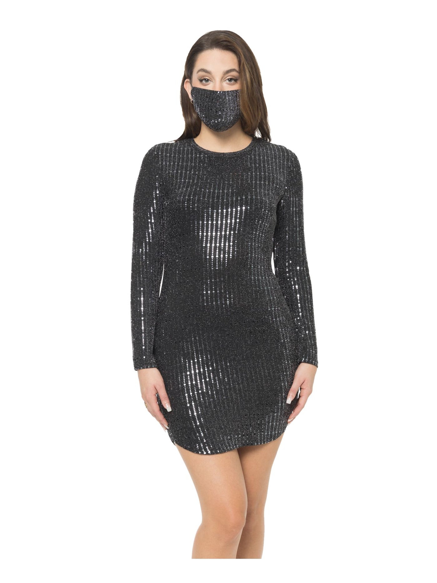 B DARLIN Womens Black Sequined With Mask Long Sleeve Crew Neck Micro Mini Evening Body Con Dress Juniors XS