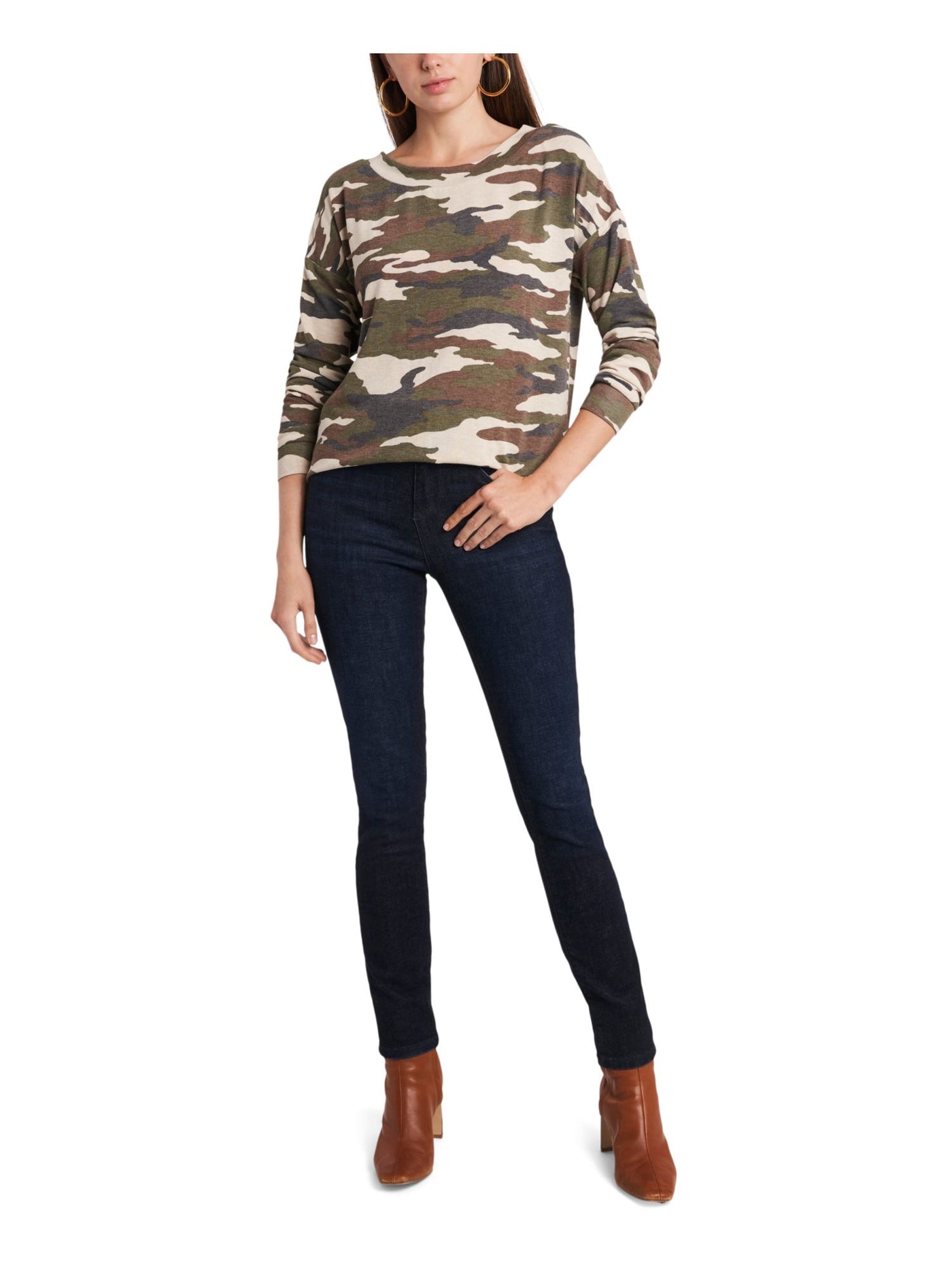 1. STATE Womens Green Stretch Ribbed Dropped-shoulder Cross-back Camouflage Long Sleeve Crew Neck Sweatshirt XS