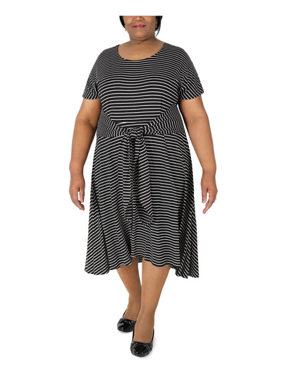 SIGNATURE BY ROBBIE BEE Womens Black Stretch Tie Textured Striped Short Sleeve Round Neck Maxi Wear To Work Hi-Lo Dress Plus 1X