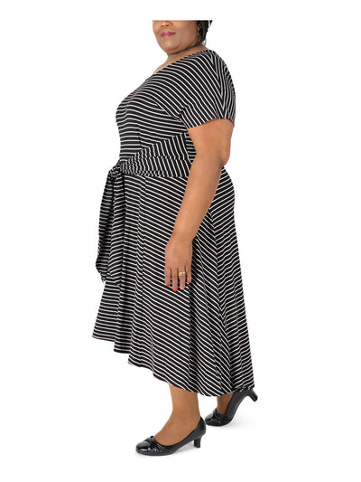 SIGNATURE BY ROBBIE BEE Womens Black Stretch Tie Textured Striped Short Sleeve Round Neck Maxi Wear To Work Hi-Lo Dress Plus 1X