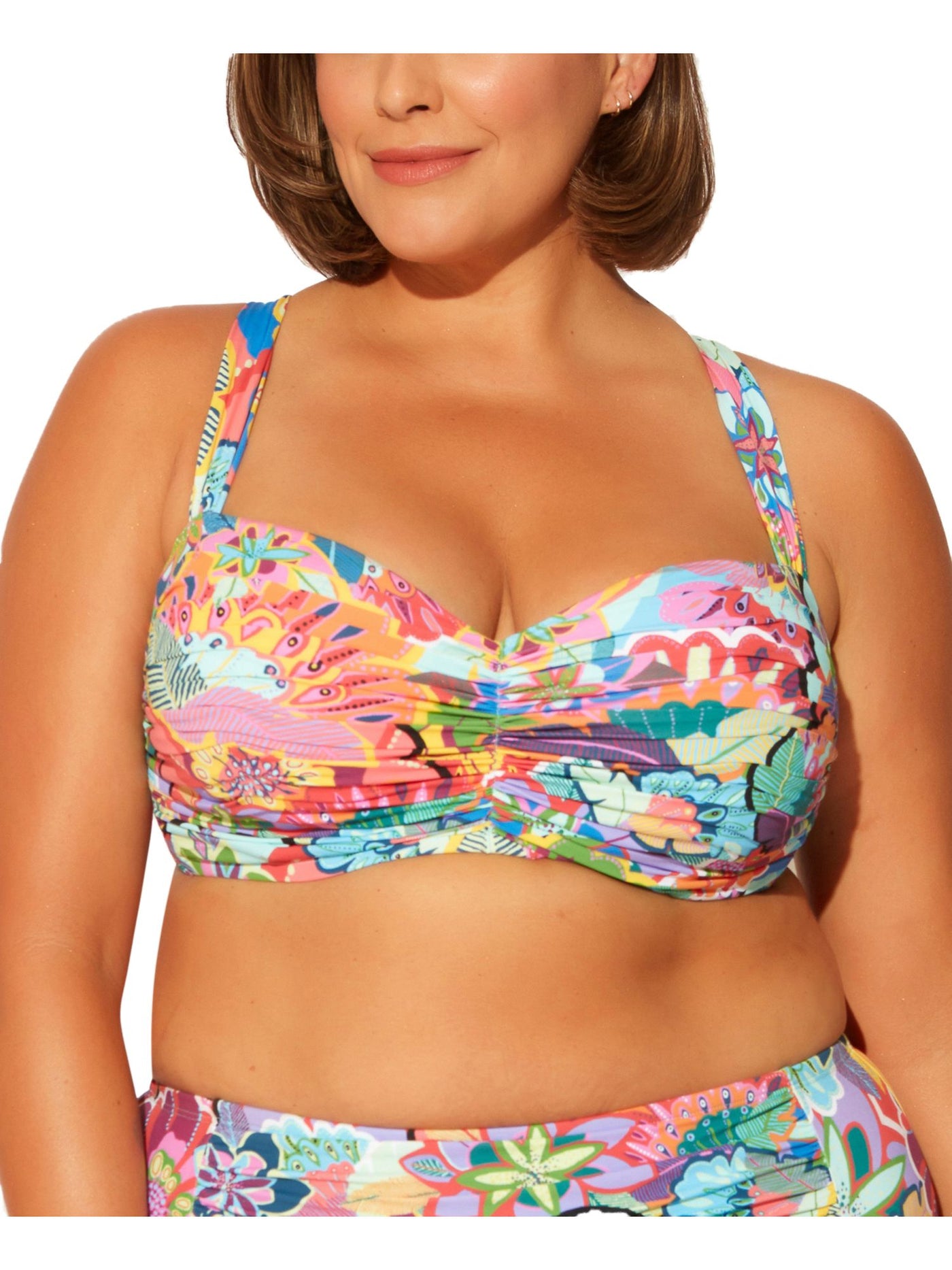 BLEU Women's Multi Color Printed Sweetheart Ruched Stretch Adjustable Underwire Swimsuit Top 20W