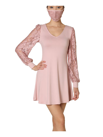 ULTRA FLIRT Womens Pink Lace With Face Mask Long Sleeve V Neck Mini Fit + Flare Dress Juniors XS