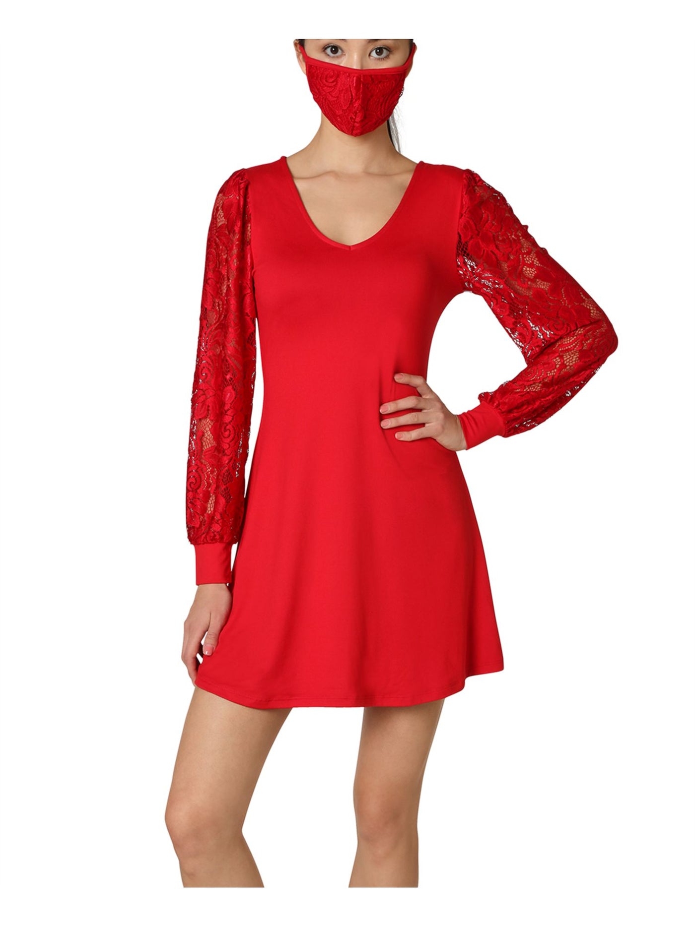 ULTRA FLIRT Womens Red Lace With Face Mask Long Sleeve V Neck Mini Evening Fit + Flare Dress Juniors M