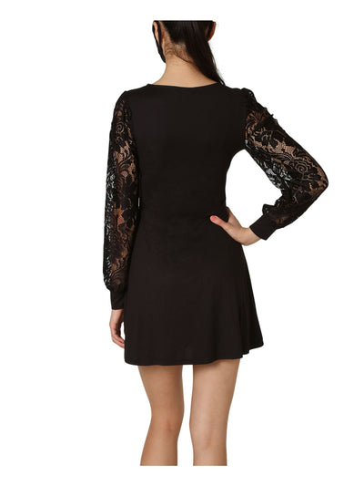 ULTRA FLIRT Womens Black Lace Sleeves Long Sleeve Scoop Neck Mini Evening Sheath Dress Juniors S
