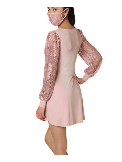 ULTRA FLIRT Womens Pink Lace With Face Mask Long Sleeve V Neck Mini Fit + Flare Dress Juniors M