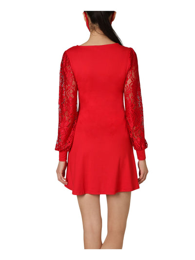 ULTRA FLIRT Womens Red Lace With Face Mask Long Sleeve V Neck Mini Evening Fit + Flare Dress Juniors S