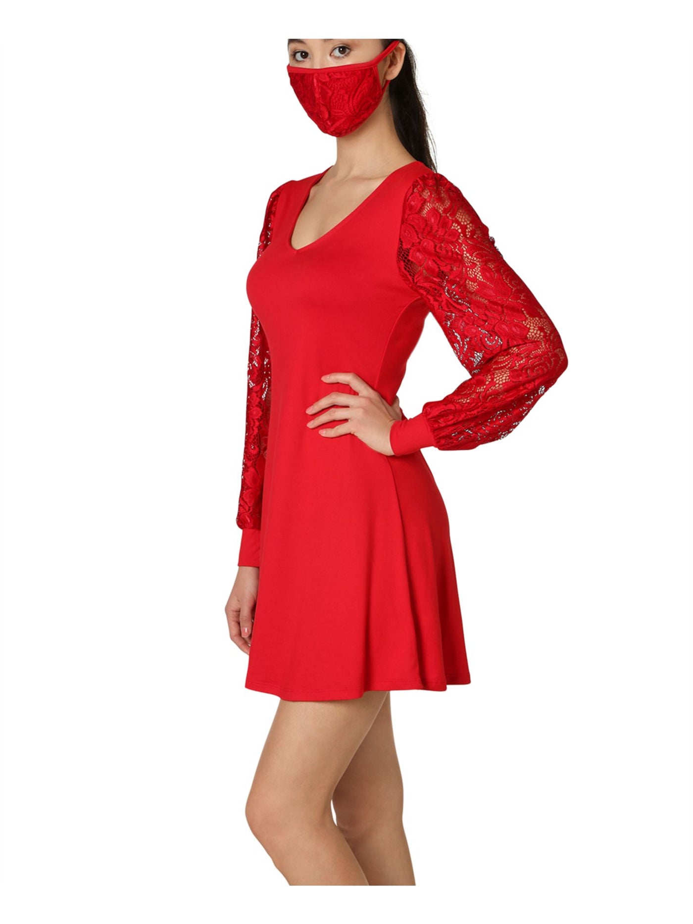 ULTRA FLIRT Womens Red Lace With Face Mask Long Sleeve V Neck Mini Evening Fit + Flare Dress Juniors XS