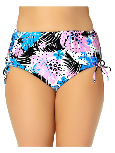 CALIFORNIA WAVES Women's White Tropical Print Stretch Cinched Lined Moderate Coverage Tie High Waisted Swimsuit Bottom 2X