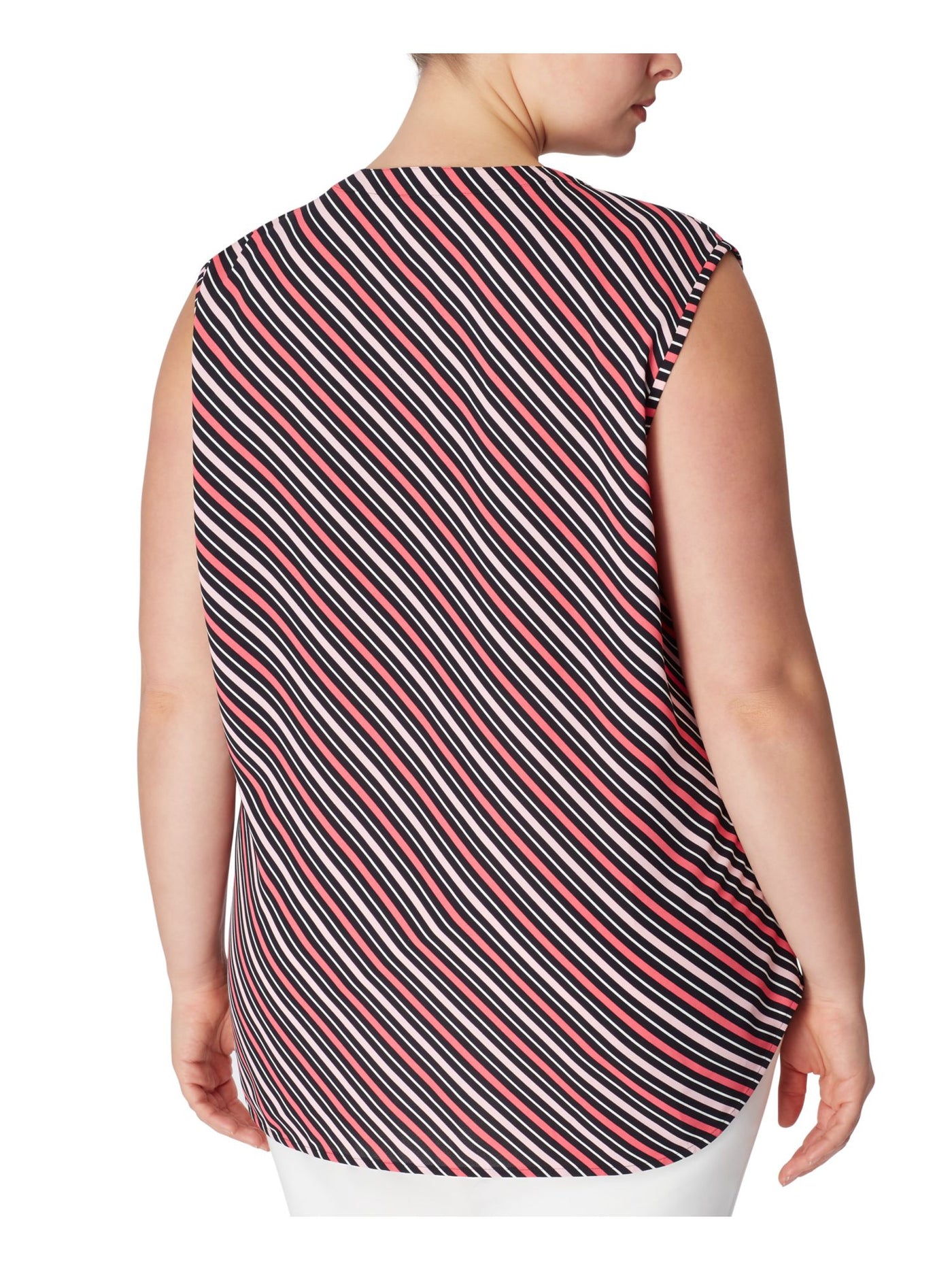 ANNE KLEIN Womens Pink Slitted Darted Curved Hem Striped Sleeveless Split Wear To Work Hi-Lo Top Plus 0X