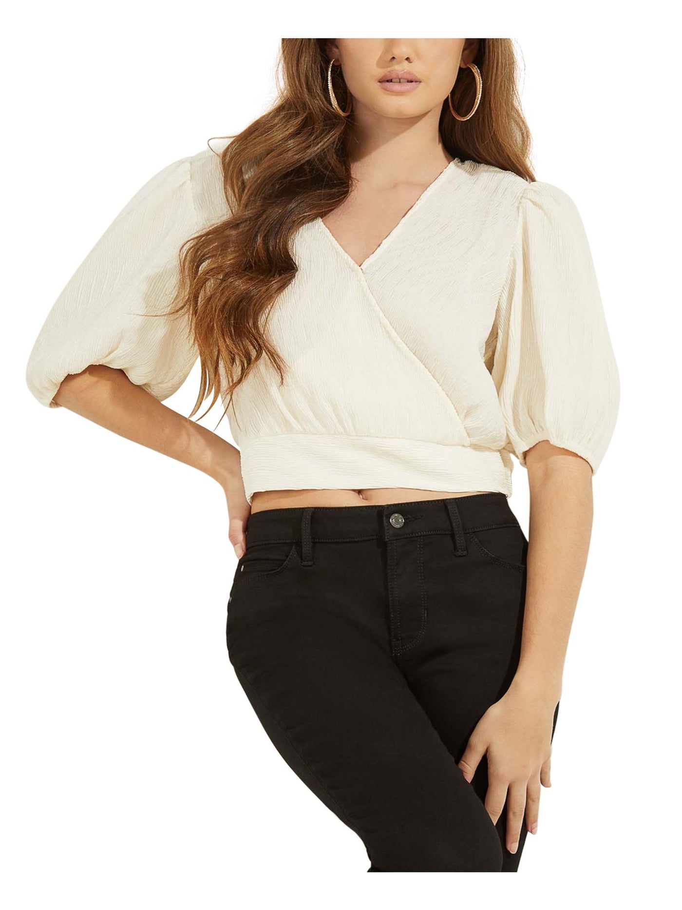 GUESS Womens Ivory Textured Relaxed Fit Cropped Pouf Sleeve Surplice Neckline Faux Wrap Top XS