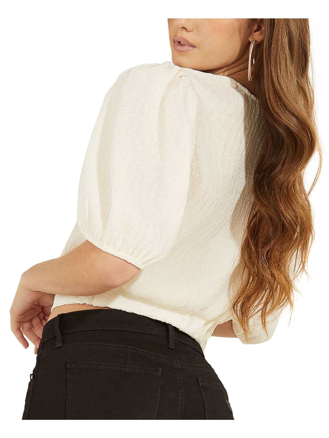 GUESS Womens Ivory Textured Relaxed Fit Cropped Pouf Sleeve Surplice Neckline Faux Wrap Top XS