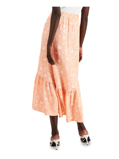 INC Womens Orange Ruffled Textured Smocked Elastic Waist Floral Midi Hi-Lo Skirt XS