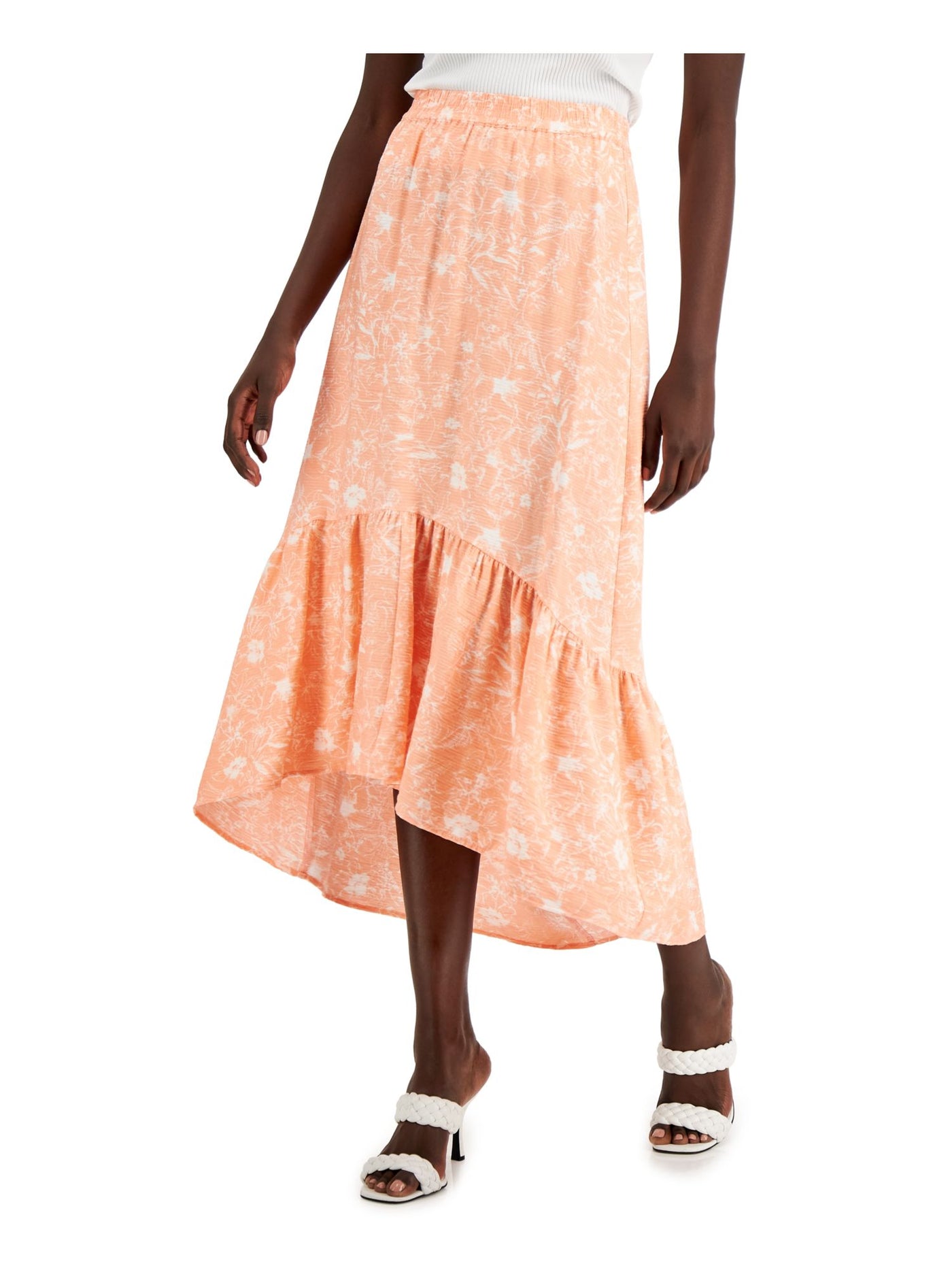 INC Womens Orange Ruffled Textured Smocked Elastic Waist Floral Midi Hi-Lo Skirt XS