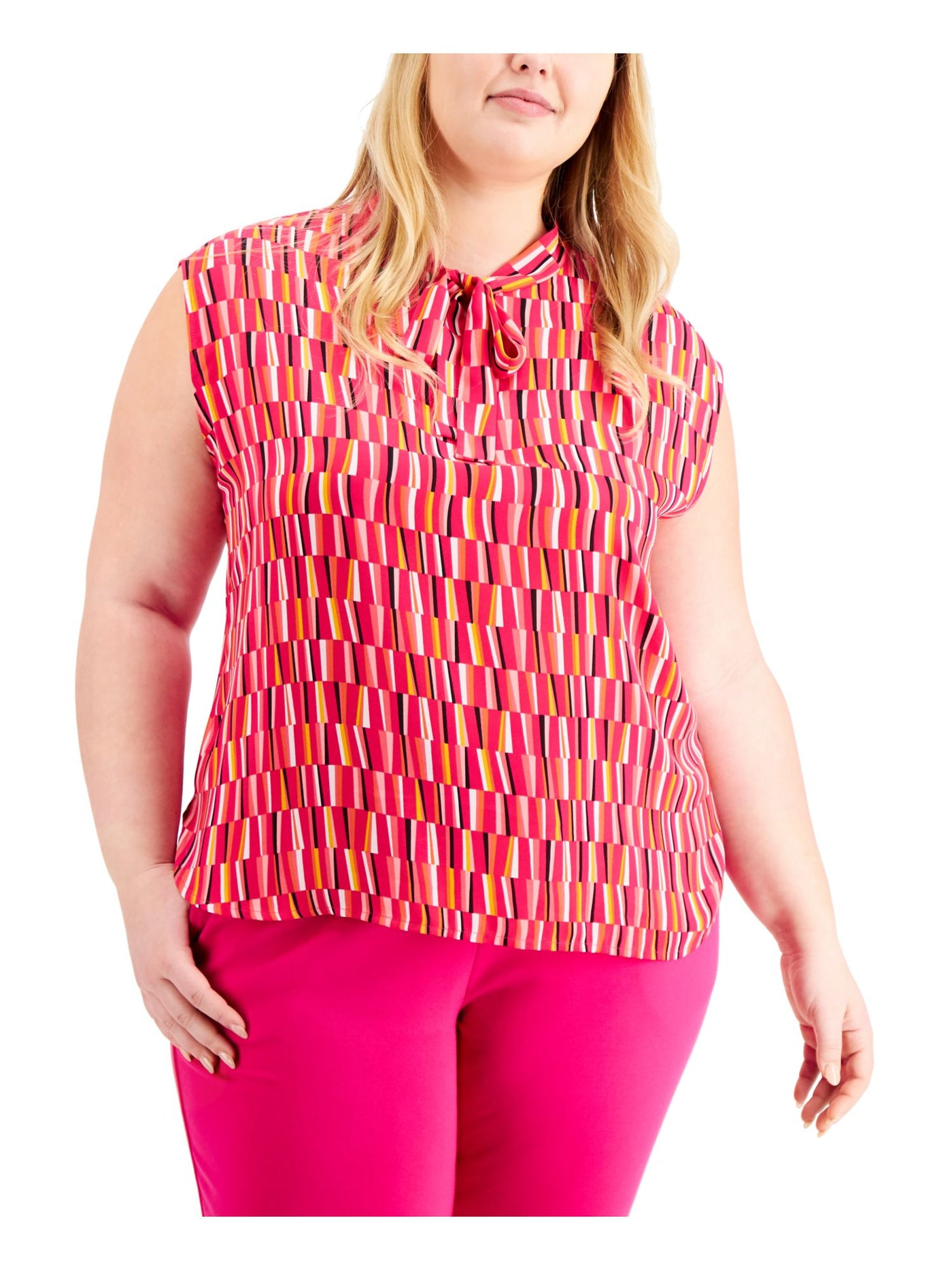 BAR III Womens Pink Sheer Extended Shoulders Geometric Sleeveless Tie Neck Wear To Work Top Plus 1X