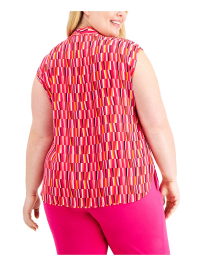 BAR III Womens Pink Sheer Extended Shoulders Geometric Sleeveless Tie Neck Wear To Work Top Plus 1X