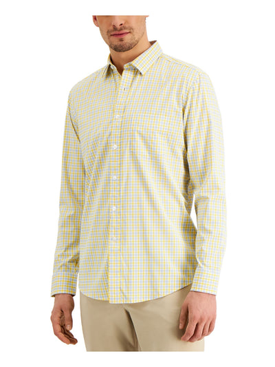CLUBROOM Mens Yellow Lightweight, Pocket Plaid Long Sleeve Classic Fit Button Down Performance Stretch Casual Shirt S