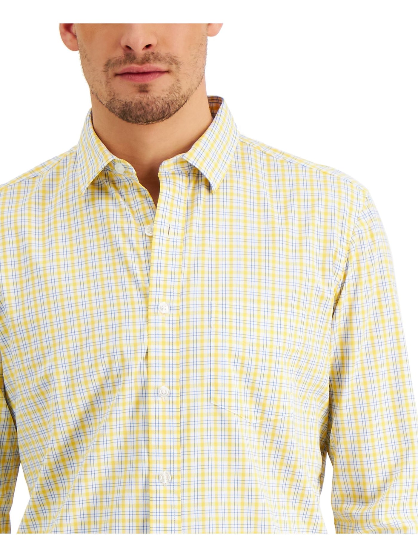 CLUBROOM Mens Yellow Lightweight, Pocket Plaid Long Sleeve Classic Fit Button Down Performance Stretch Casual Shirt S