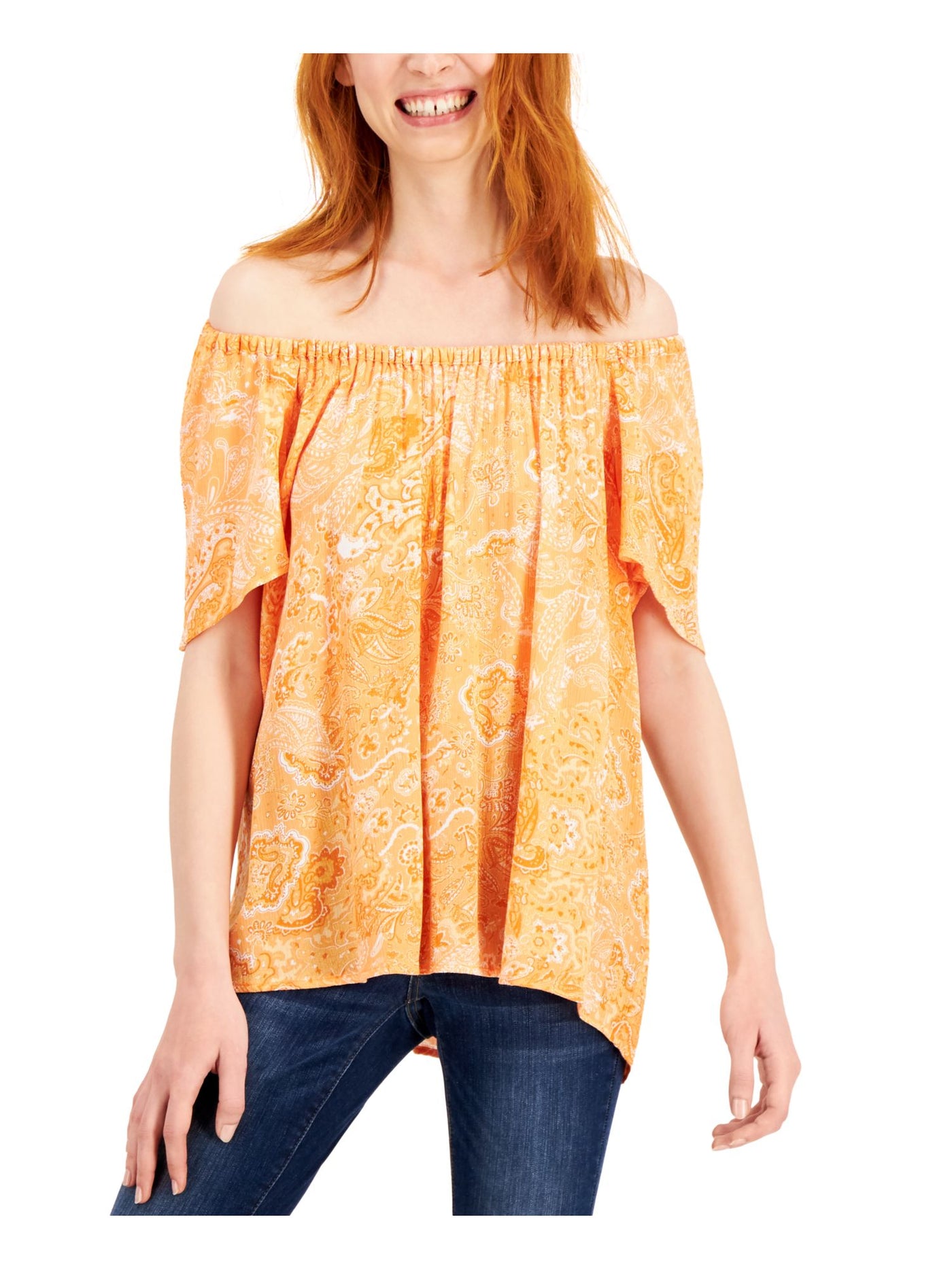 MICHAEL KORS Womens Orange Paisley Flutter Off Shoulder Handkerchief Top XS