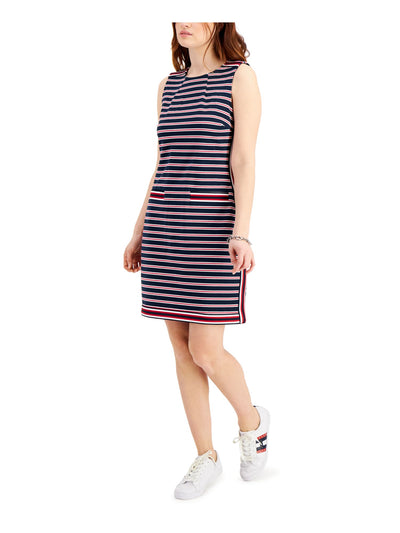TOMMY HILFIGER Womens Navy Zippered Fitted Unlined Striped Sleeveless Round Neck Above The Knee Shift Dress S