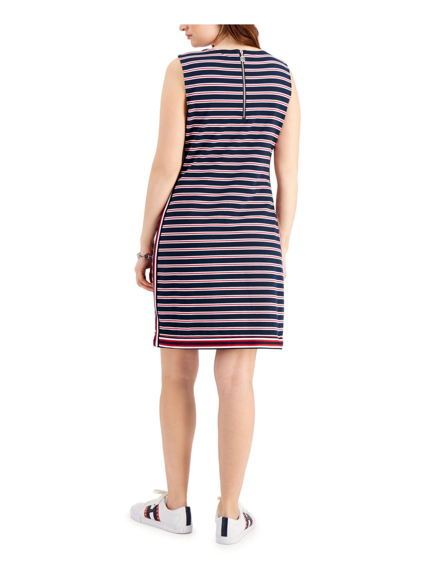 TOMMY HILFIGER Womens Navy Zippered Fitted Unlined Striped Sleeveless Round Neck Above The Knee Shift Dress S