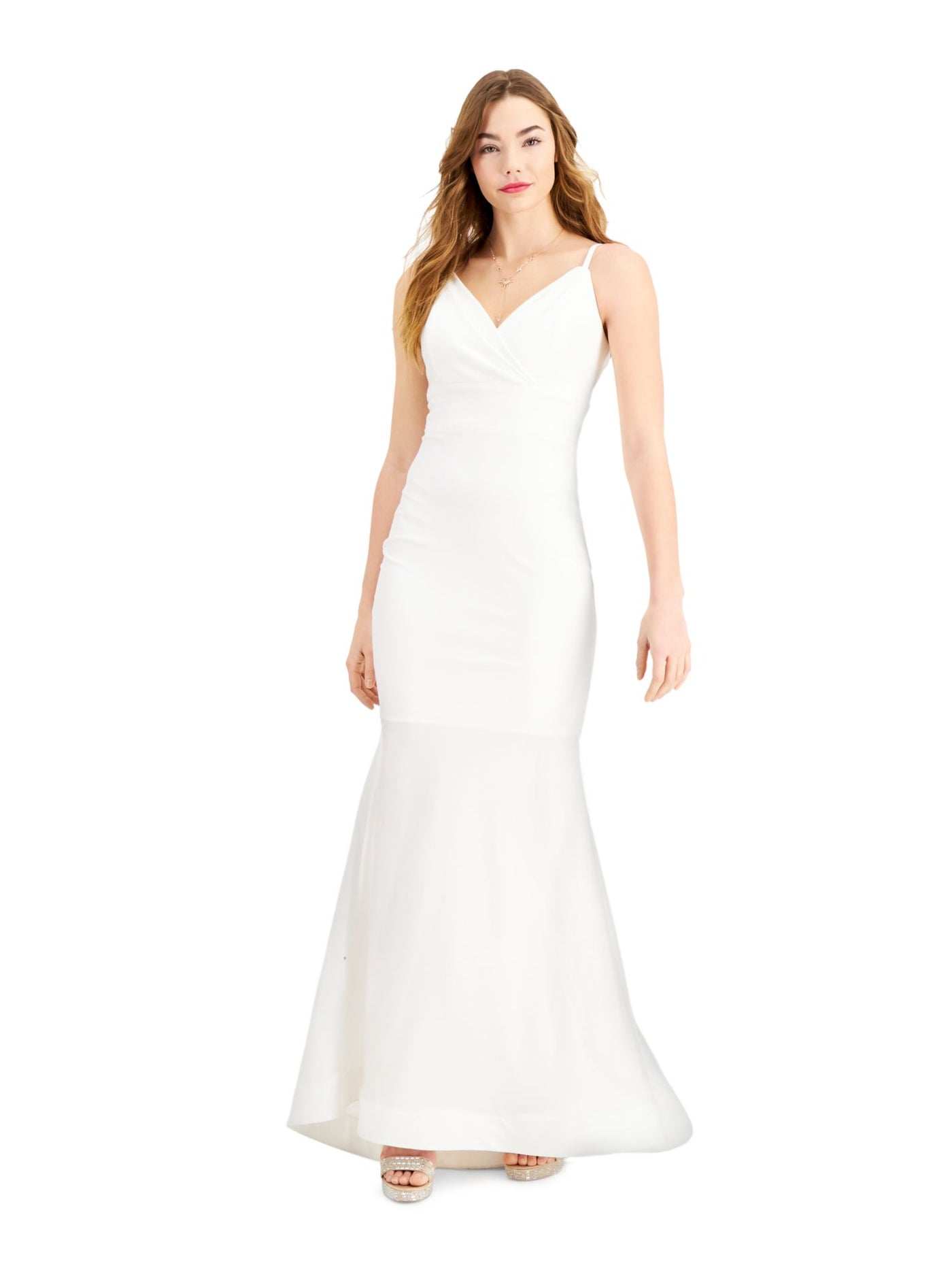 MORGAN & CO Womens White Ruffled Spaghetti Strap Surplice Neckline Full-Length Formal Body Con Dress 15