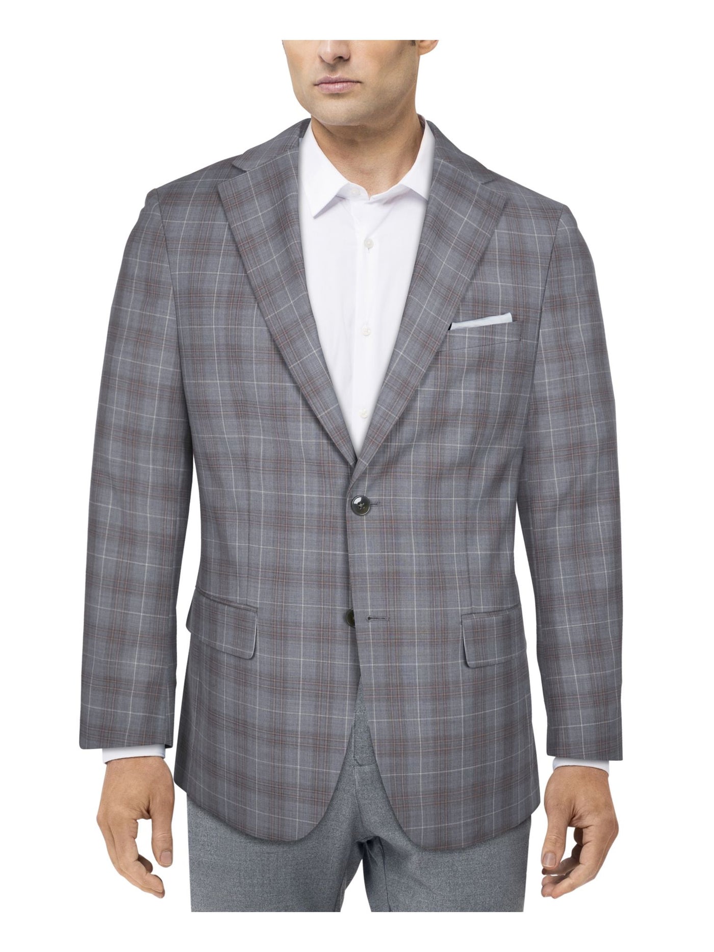 TALLIA Mens Gray Lined Single Breasted Plaid Slim Fit Stretch Suit Separate Blazer Jacket 38L