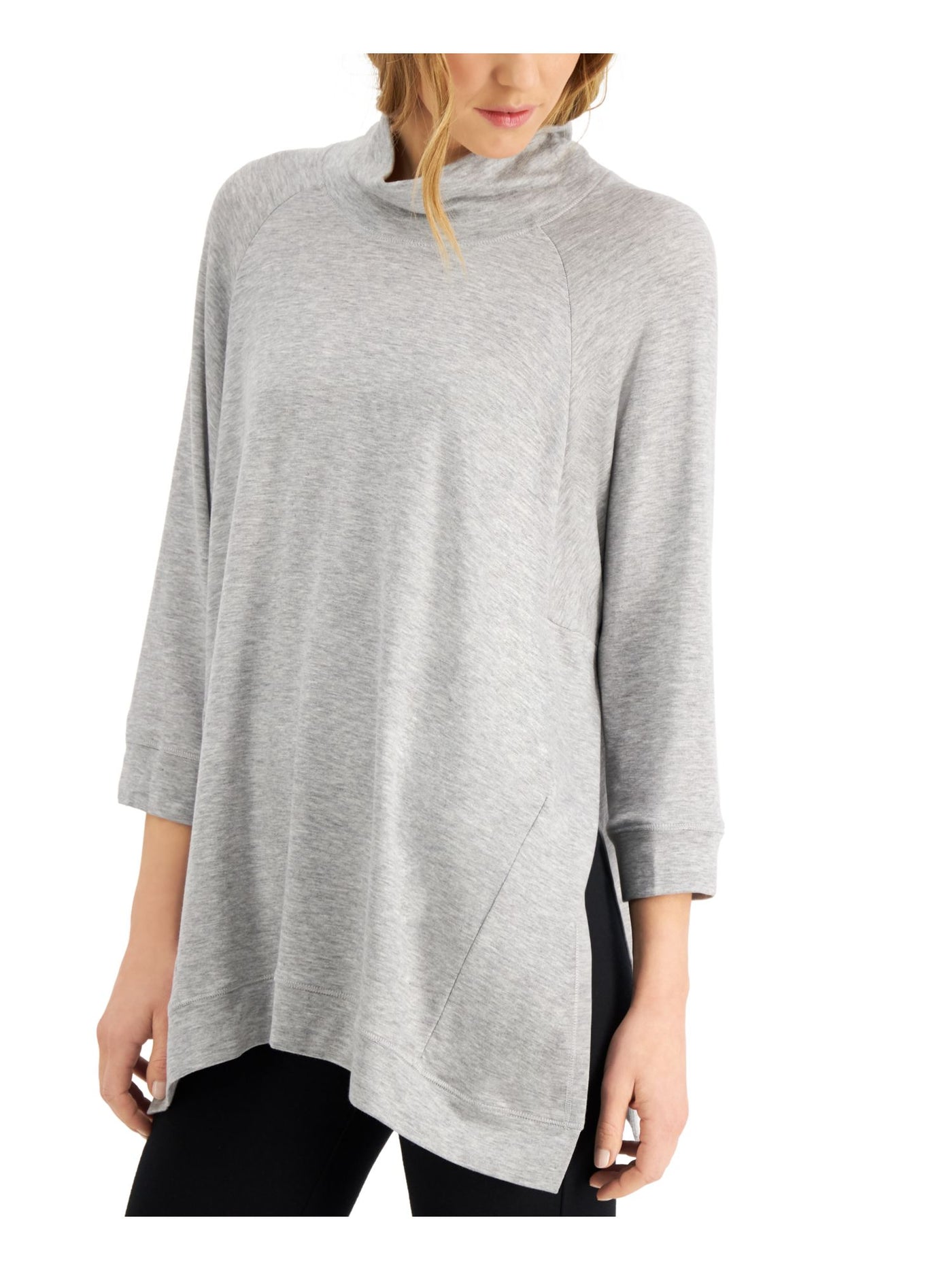 EILEEN FISHER Womens Gray Slitted Funnel Neck Heather 3/4 Sleeve Tunic Top M