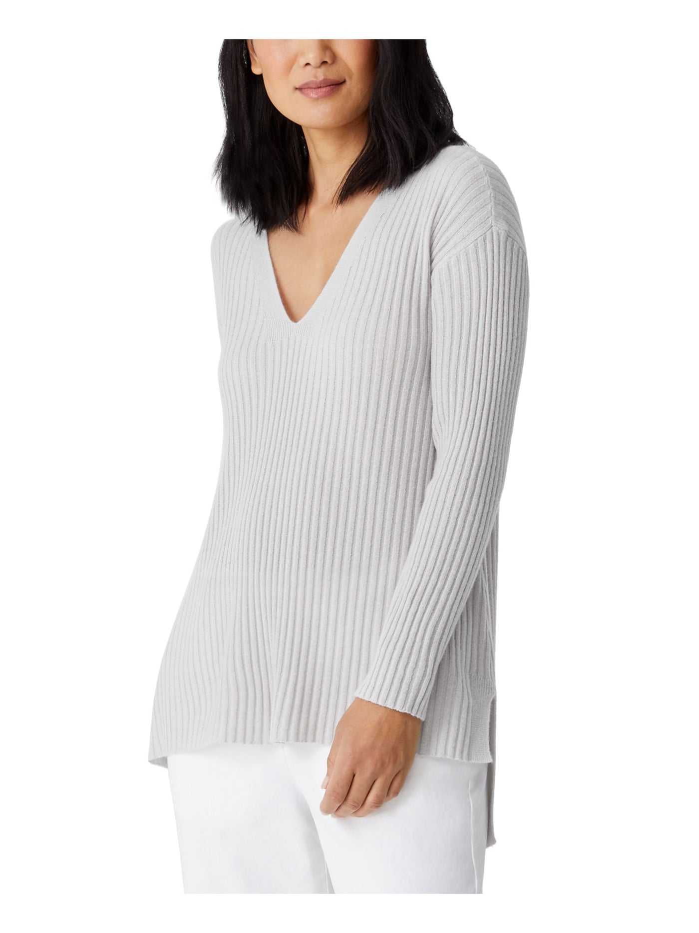 EILEEN FISHER Womens Gray Cashmere Ribbed Hi-lo Hem Long Sleeve V Neck Wear To Work Tunic Sweater XS