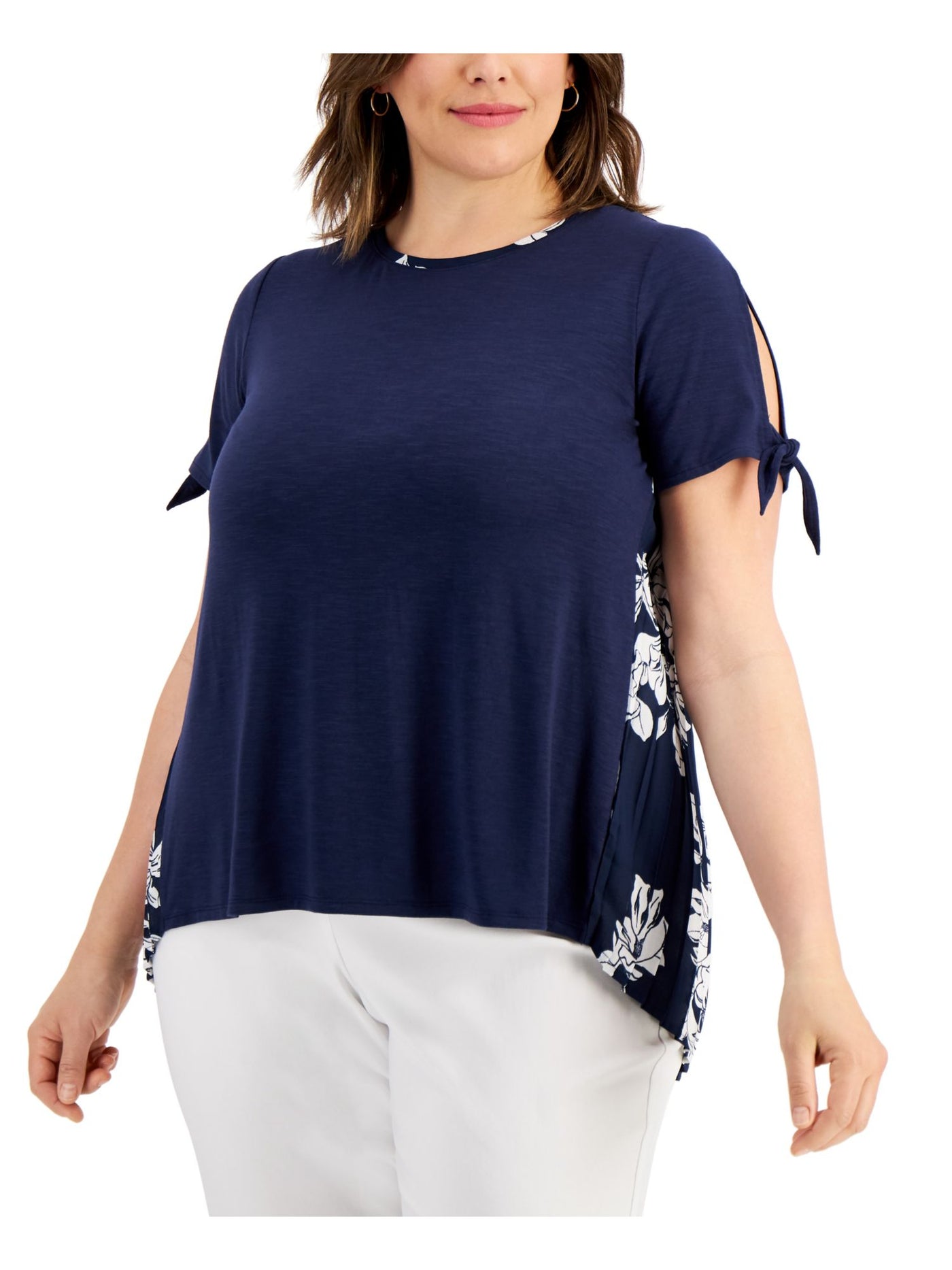 JM COLLECTION Womens Navy Printed Crew Neck Top Plus 0X