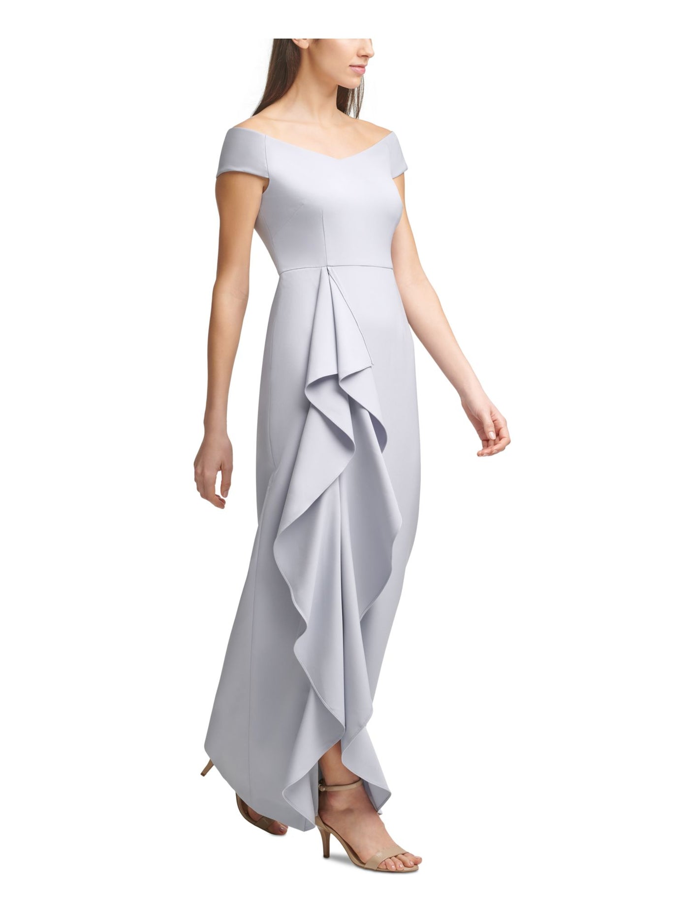 VINCE CAMUTO Womens Gray Ruffled Slitted Zippered Short Sleeve Off Shoulder Full-Length Evening Dress 16