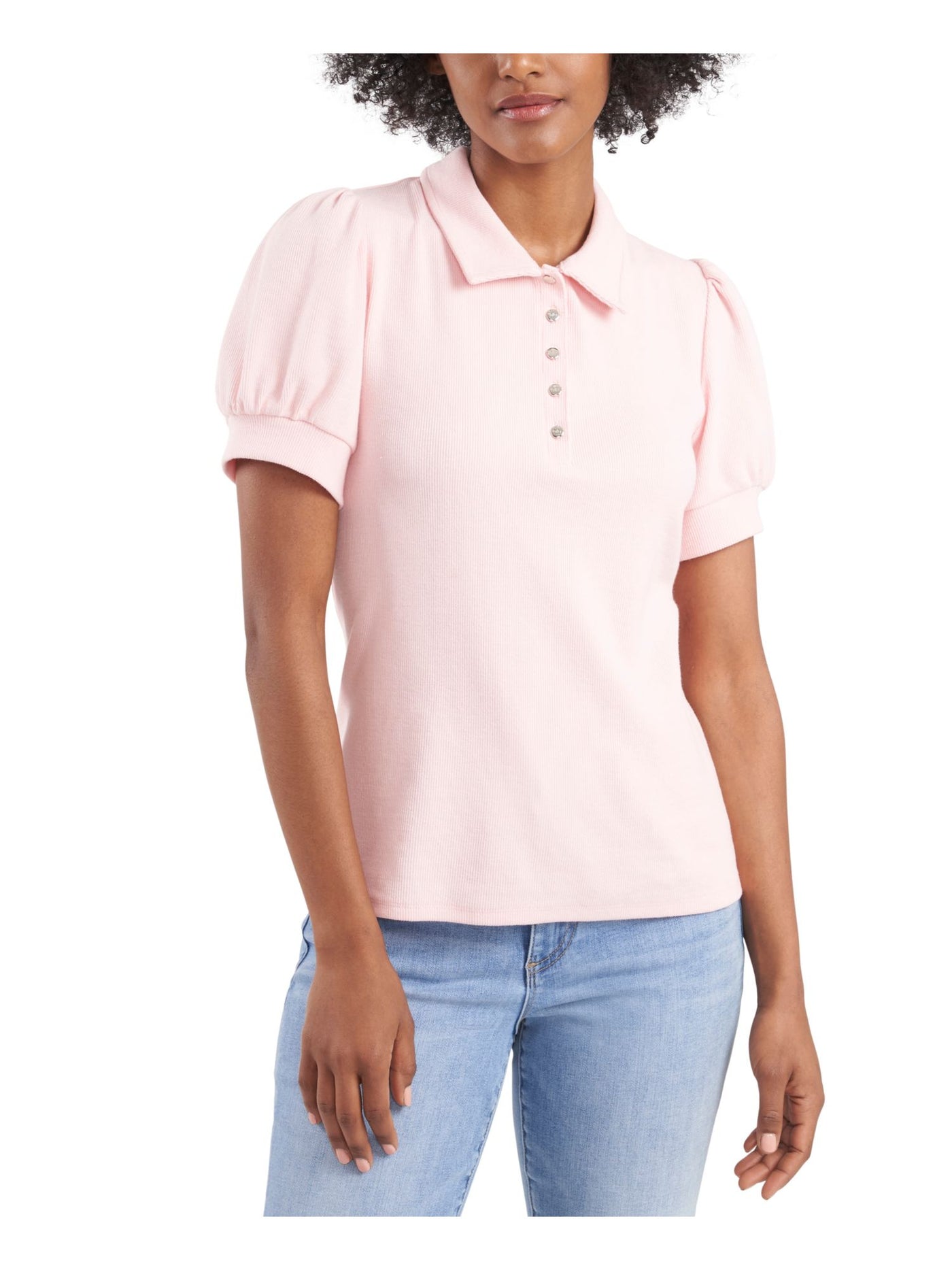 RILEY&RAE Womens Pink Ribbed Polo Style Pouf Sleeve Collared Top XXL