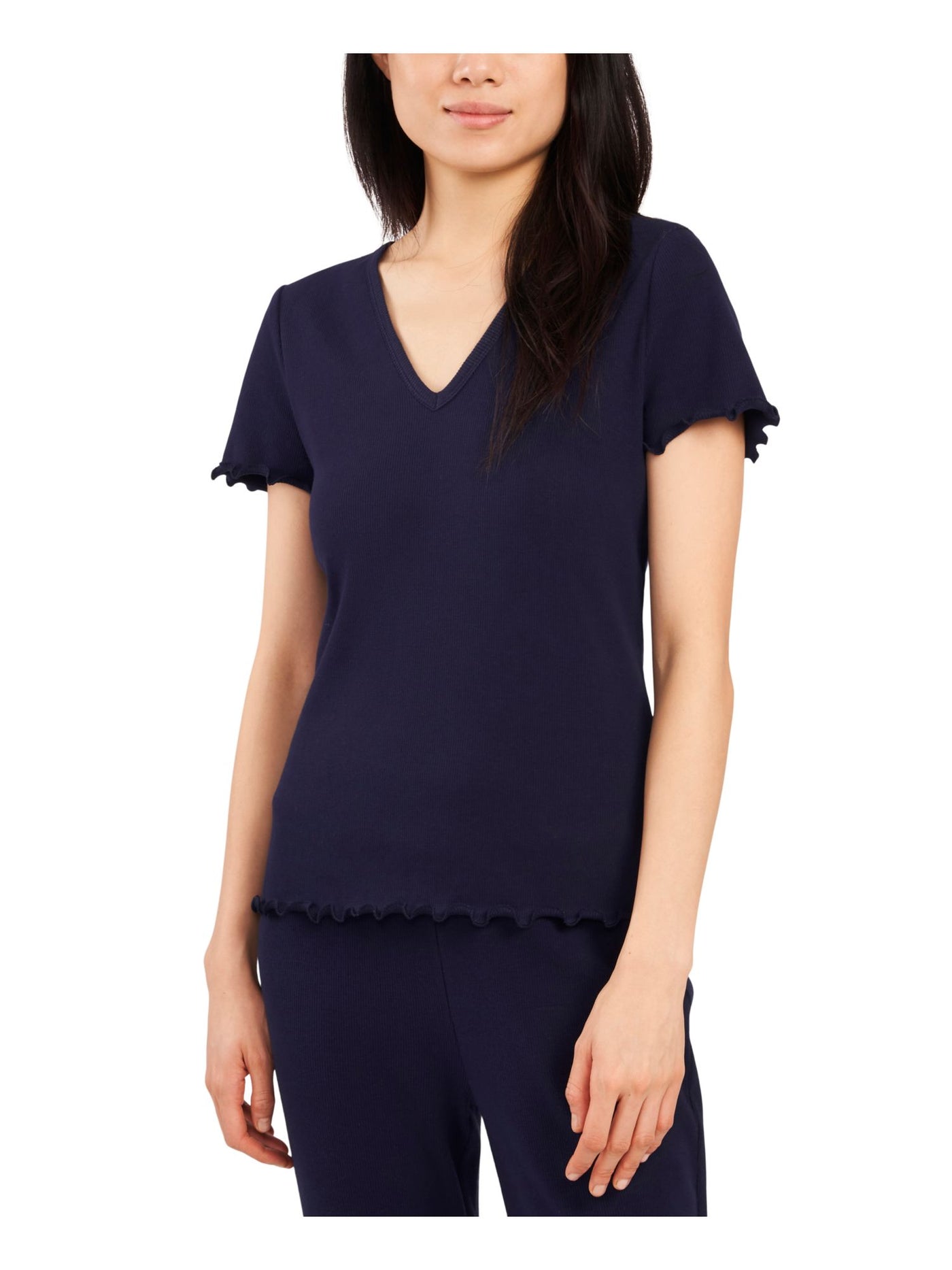 RILEY&RAE Womens Navy Stretch Ribbed Textured Lettuce Edge Cuffs And Hem Short Sleeve V Neck Top M