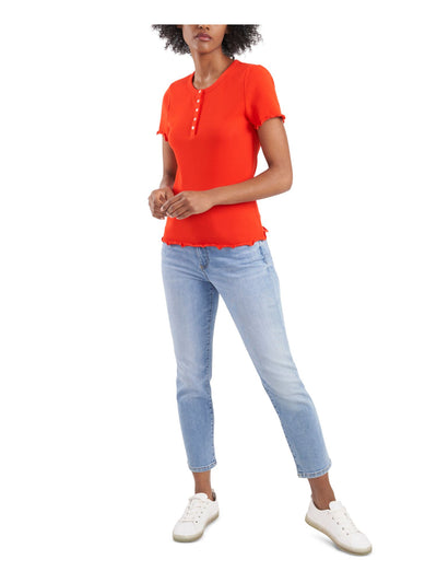 RILEY&RAE Womens Red Stretch Ribbed Lettuce-edge Buttoned Henley Short Sleeve Crew Neck Top XS