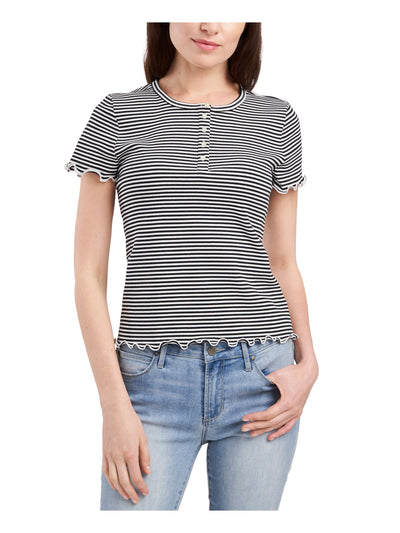 RILEY&RAE Womens Black Cotton Blend Ruffled Ribbed Henley Striped Short Sleeve Round Neck Top XS