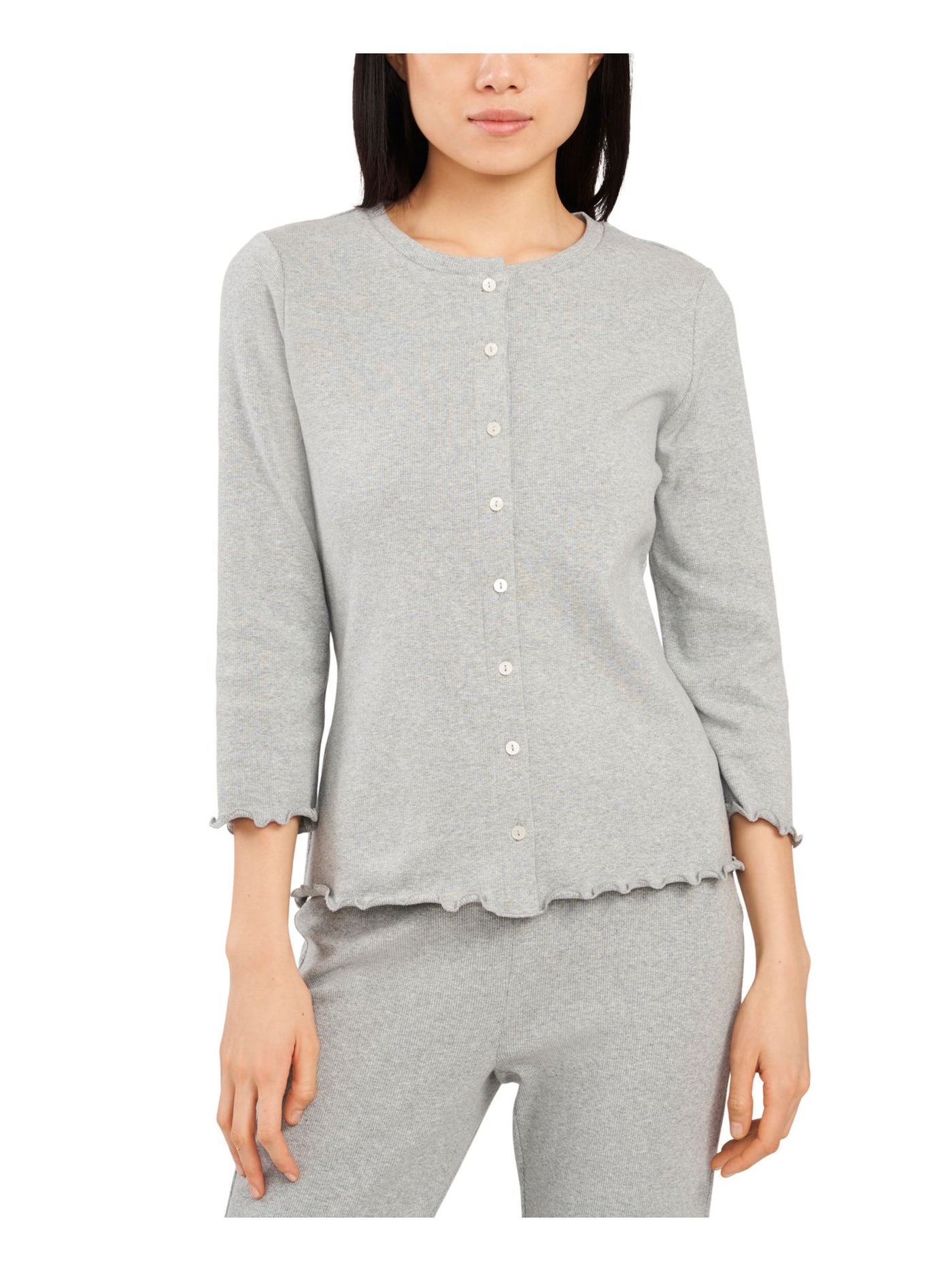RILEY&RAE Womens Gray Ribbed Ruffled Cardigan Heather Long Sleeve Crew Neck Button Up Top XS